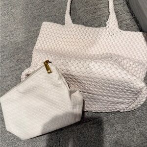 Chic White Woven Tote and Pouch Set